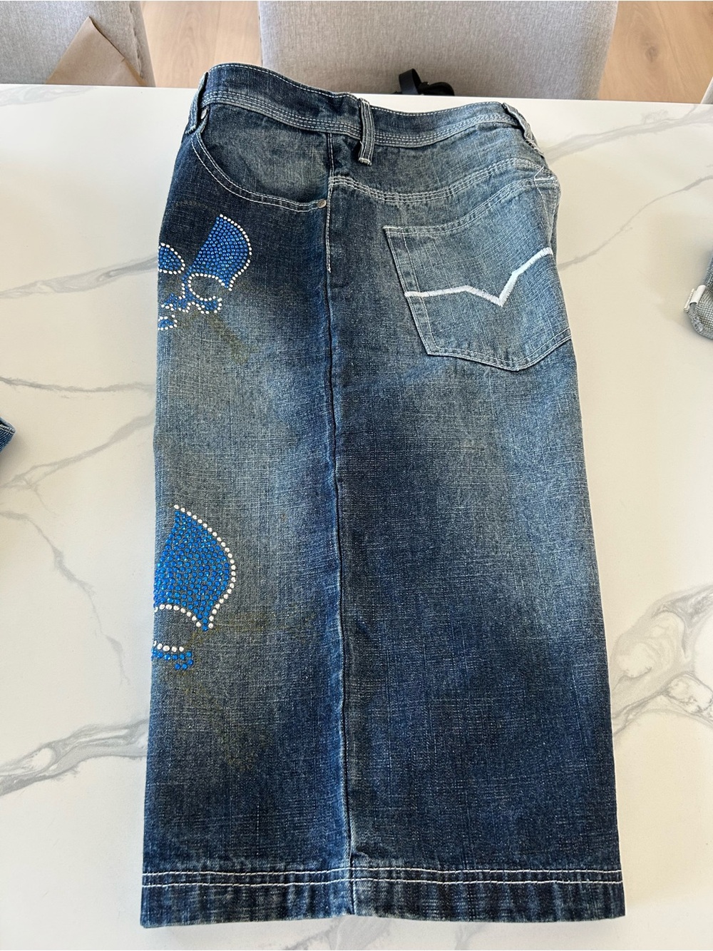 Men’s Sacred Cult Baggy Denim Shorts with Blue Skull Stud Accents - Picture 4 of 12